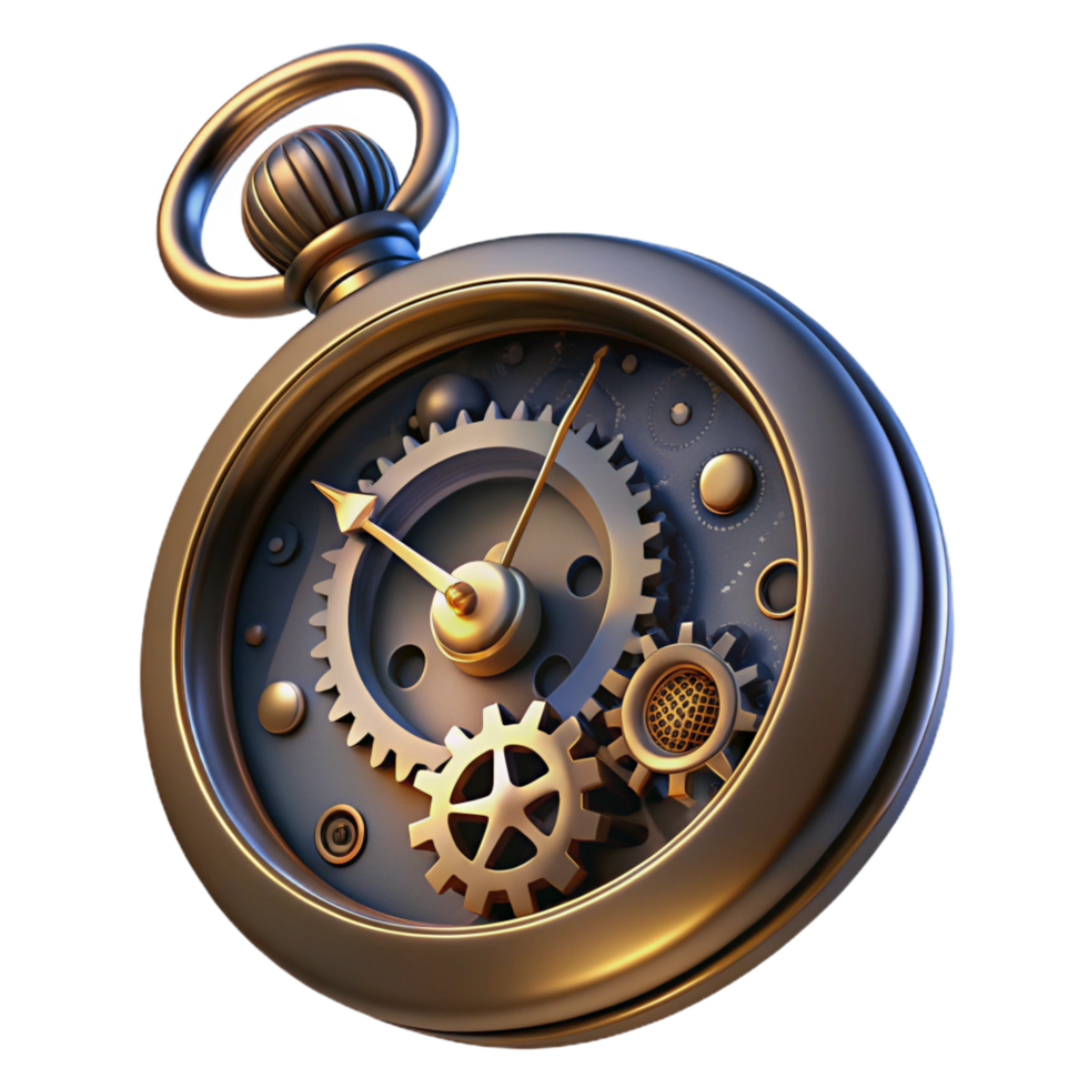 distinctive geometric A close up of a steampunk pocket watch, gears and springs intricately detailed, bathed in cool moonlight. Photorealistic, macro photography style high resolution png