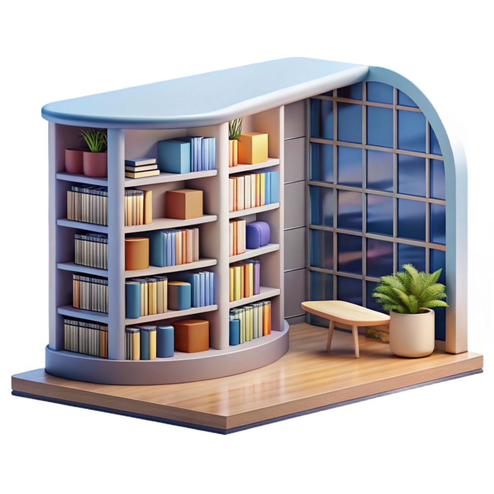 notable rustic A modern library with floor to ceiling windows, bookshelves filled with books, soft natural light 4K png
