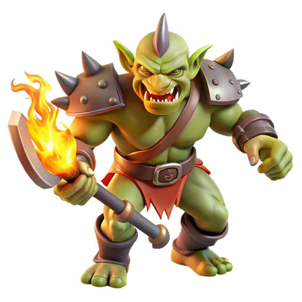 harmonious enchanting A fierce orc warrior charging into battle, wielding a flaming axe, dynamic lighting, comic book style 4K png