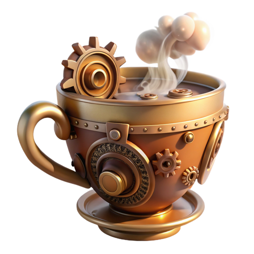 harmonious extraordinary A steampunk teacup, intricate gears and levers, steam rising from the surface, warm, inviting lighting, still life style crisp png