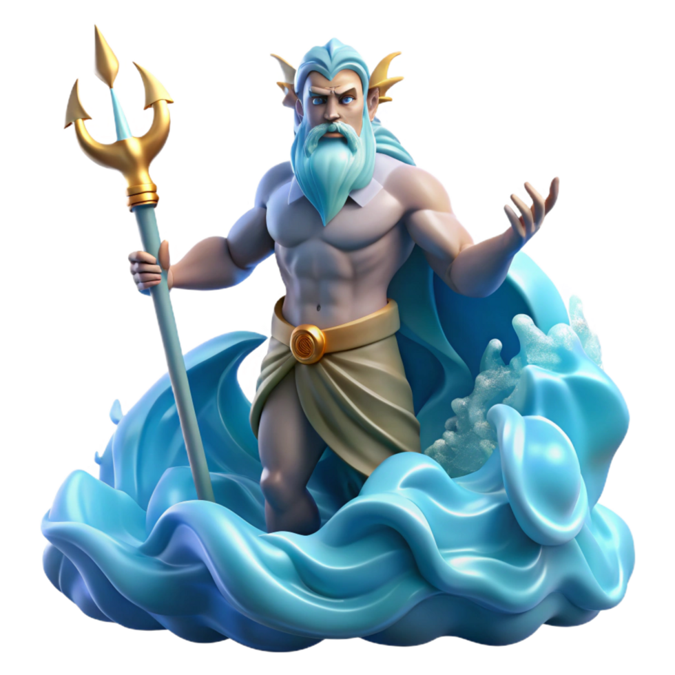 elegant quintessential Poseidon, God of the Sea, rising from a tempestuous ocean, wielding his trident, lightning illuminating the scene, dramatic and dynamic style, png