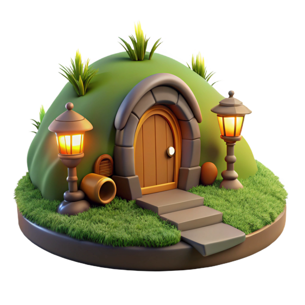 nostalgic gorgeous A hobbit hole nestled in a hillside, lush green grass, warm firelight, cozy atmosphere, masterfully captured png