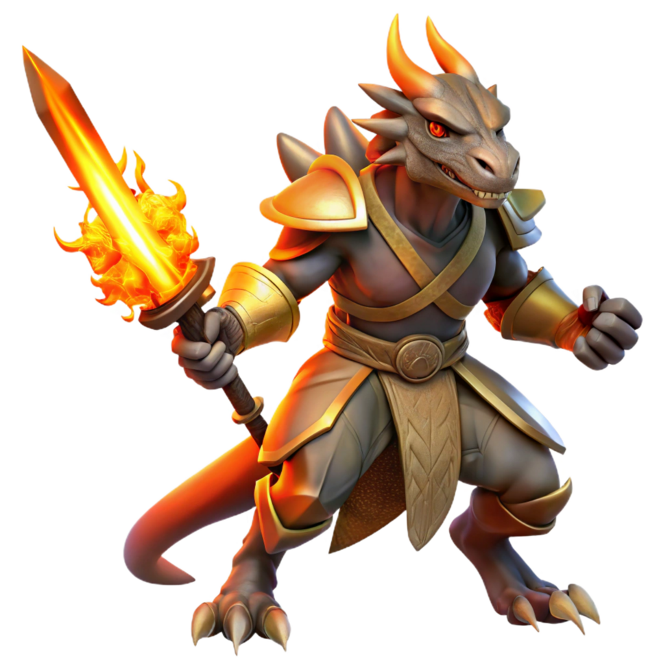 sumptuous industrial A majestic dragonborn warrior wielding a flaming sword, intense orange lighting, digital painting style impeccable png
