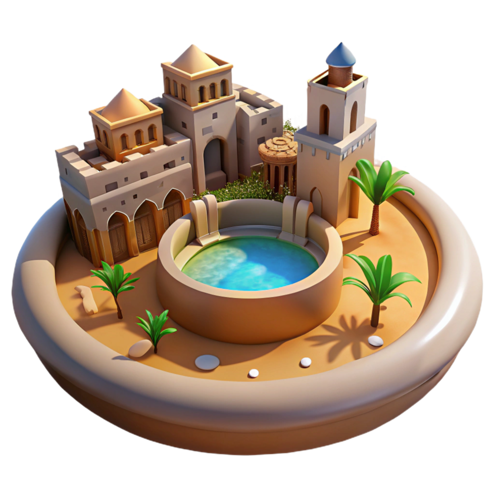 bold immaculate A desert oasis city built around a giant central well, intense desert sunlight, middle eastern style crisp png