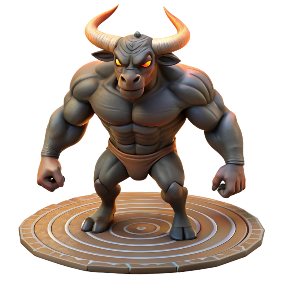 serene distinctive A powerful Minotaur standing in the labyrinth, muscles rippling in the torchlight, realistic and detailed, png