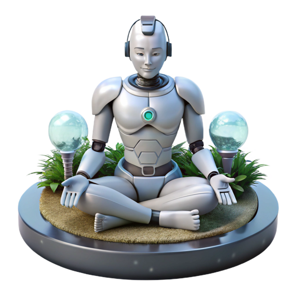 impressive signature A cyborg with intricate mechanical augmentations, meditating in a serene, zen garden. Soft lighting, biopunk style png