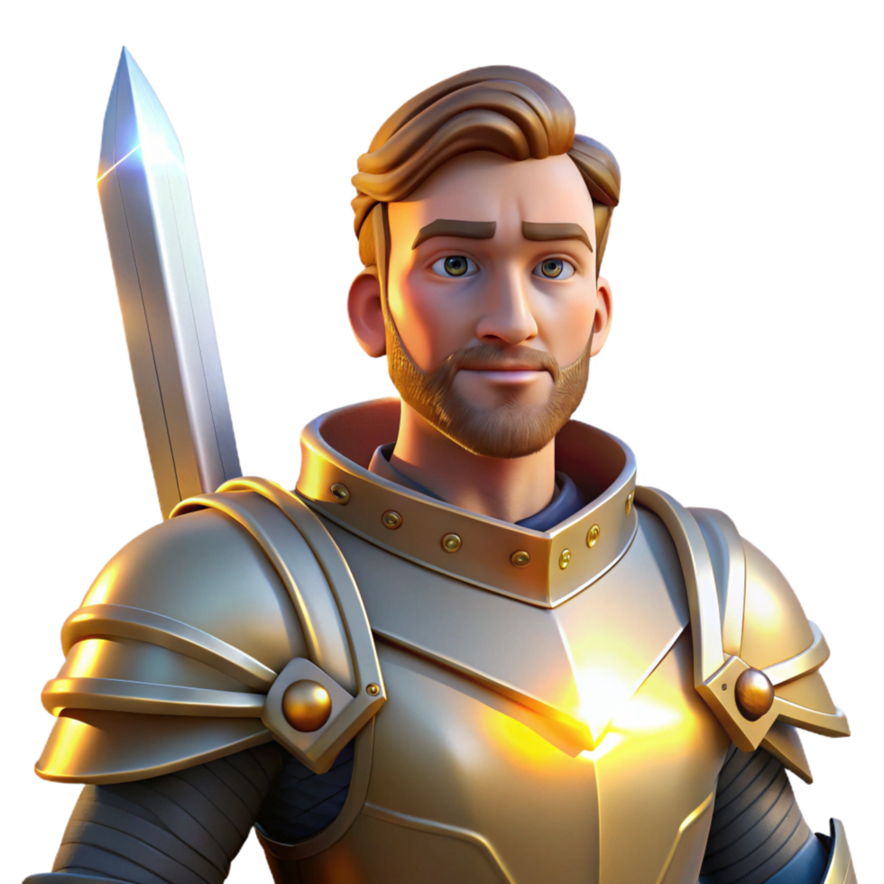 celebrated geometric Portrait of a noble knight in shining armor, holding a sword, lit by dramatic sunlight, in a heroic style studio quality png