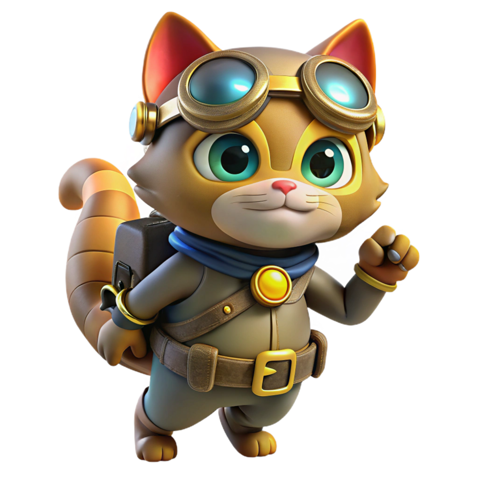 nostalgic alluring A steampunk cat wearing goggles and a tiny jetpack, playful pose, bright, cheerful lighting refined png