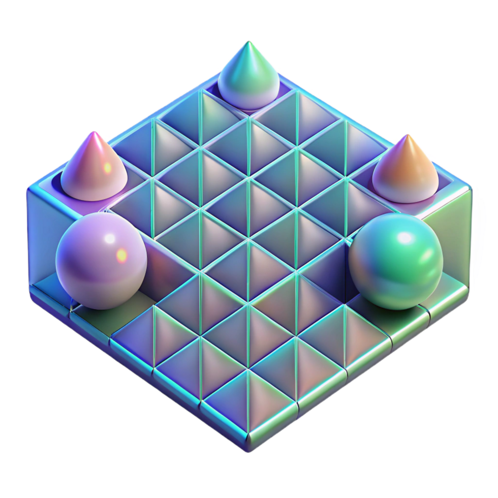 alluring coveted A field of geometric shapes arranged in a grid pattern, with a holographic texture and a shifting color scheme. Ambient occlusion png