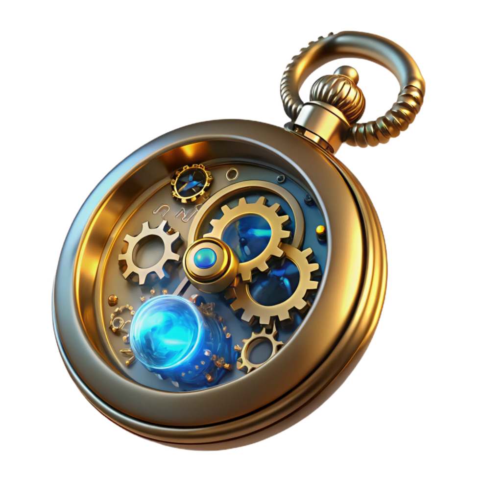 spectacular harmonious modern A steampunk pocket watch, intricate gears and glowing crystals visible through the open face, dramatic spotlighting genuine png