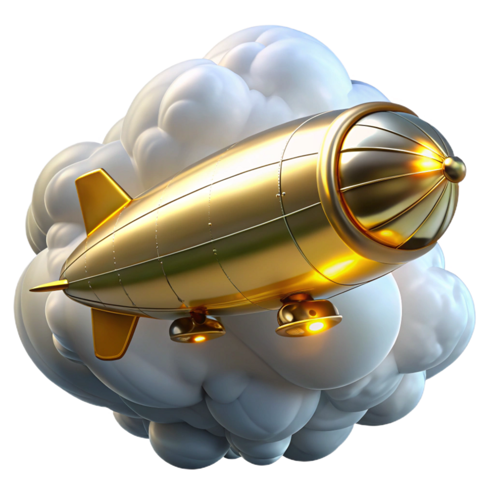 dazzling dynamic futuristic A steampunk zeppelin, sleek silver and gold, soaring through a cloudy sky, bright, sunny lighting, art deco style exclusive png