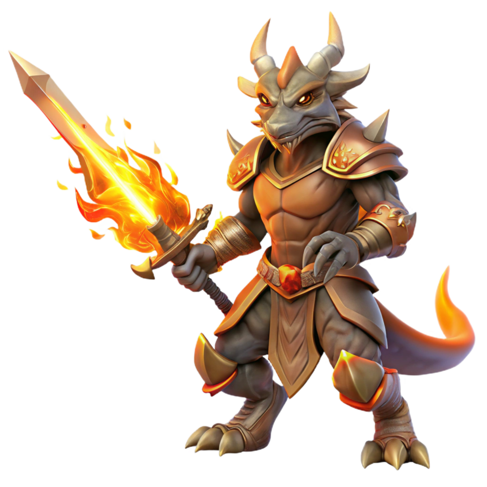 beautiful minimalist A majestic dragonborn warrior wielding a flaming sword, intense orange lighting, digital painting style artisan png