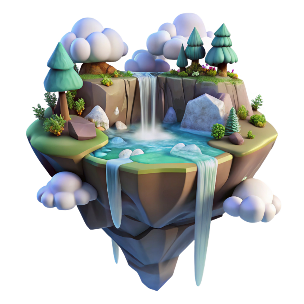 joyful radiant A floating island with waterfalls cascading down the sides, ethereal and magical style, fantasy art render, soft lighting impeccable png