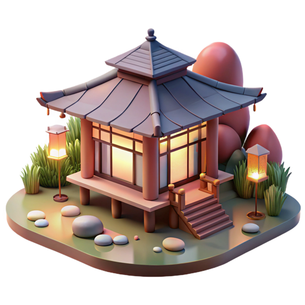 exquisite standout A traditional Japanese tea house, surrounded by a serene garden, soft, diffused lighting, peaceful and contemplative style, ukiyo e woodblock print png