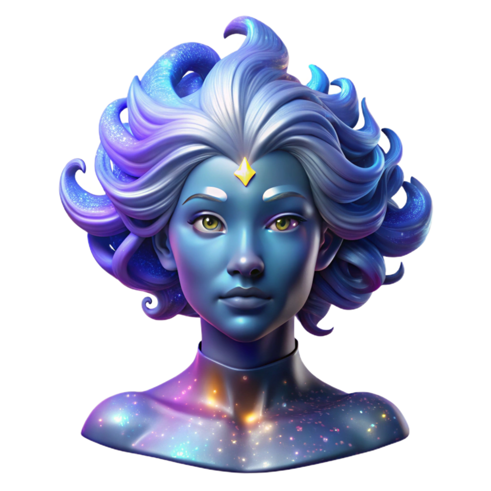 timeless avant garde Portrait of a celestial being with iridescent skin and flowing stardust hair, radiating an ethereal glow, surrounded by a nebula of swirling colors elite png