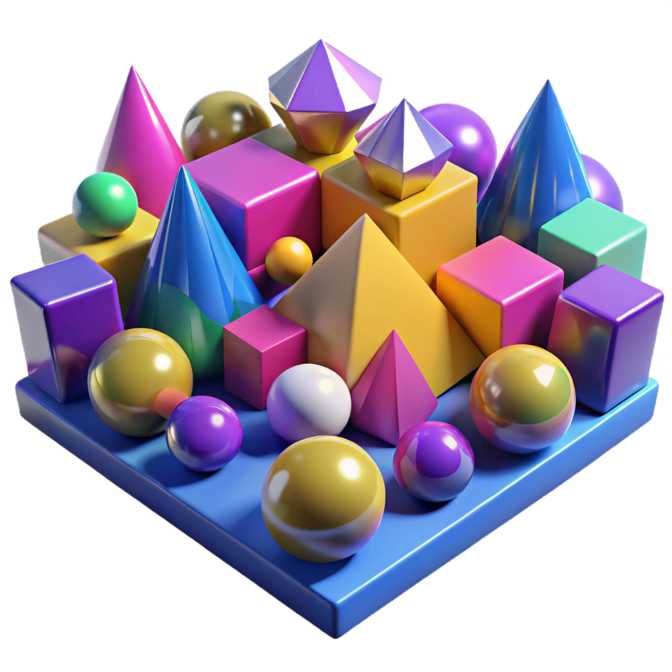 serene renaissance A field of randomly generated, geometric shapes, in a vibrant, contrasting color palette, lit by a bright, pop art style light sharp png