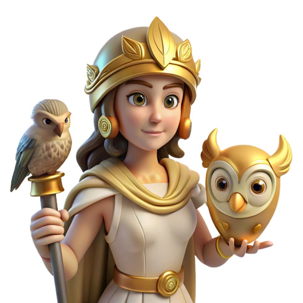 harmonious majestic A wise Athena, the Greek goddess of wisdom and warfare, wearing a golden helmet and holding an owl, bathed in bright, clear light. Classical style perfect clarity png