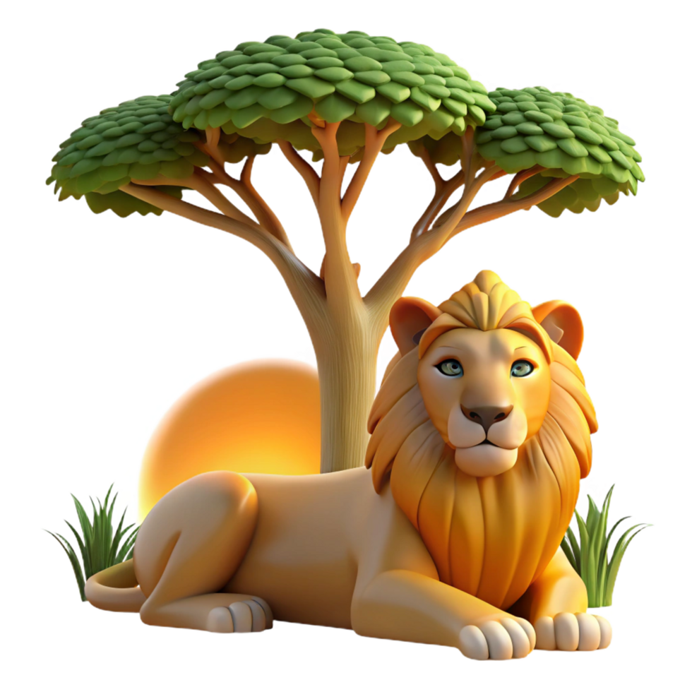 vibrant signature A regal lion pride resting under the shade of an acacia tree, golden hour lighting, National Geographic photography style png