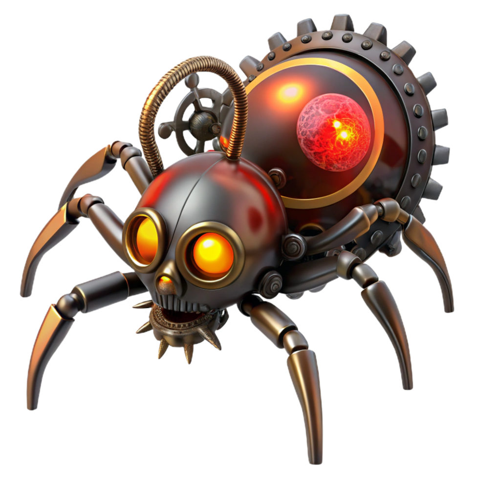reflective impressive A steampunk spider with brass legs and glowing red eyes, crawling on a web of gears, dark, mysterious lighting, horror style artisan png