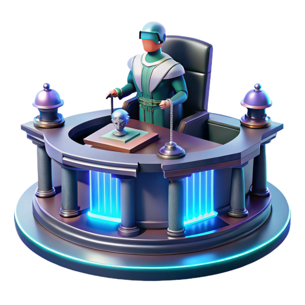 dramatic hypnotic A futuristic courtroom, a holographic judge presiding over a trial involving advanced technology. Serious, dramatic lighting. Cyberpunk legal drama style artisan png
