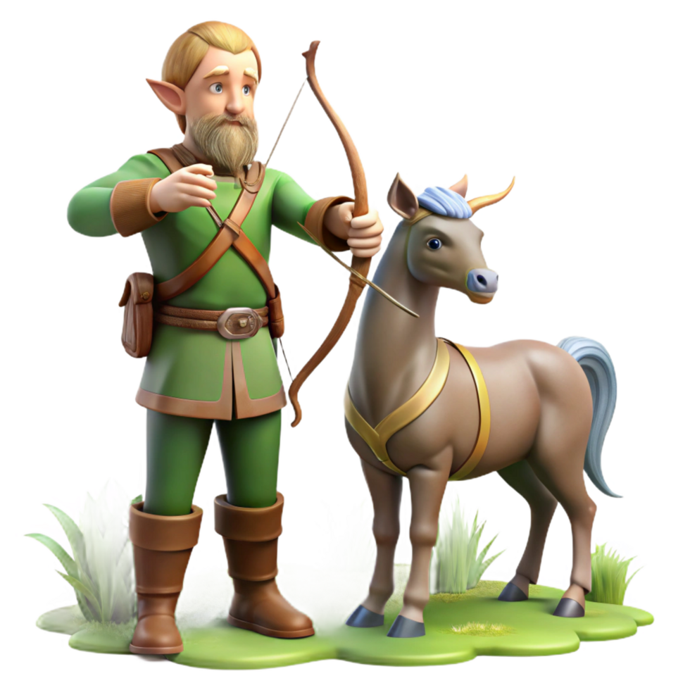 beautiful melancholic surreal A wise old centaur teaching archery to a young elf, dappled forest lighting, peaceful and classical style luxury png