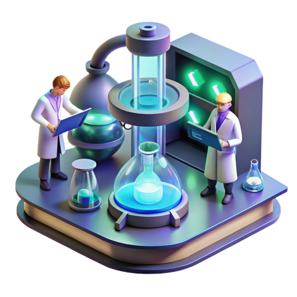 splendid creative A futuristic laboratory filled with glowing equipment, scientists working in the background, sterile and bright lighting, science fiction illustration style original png