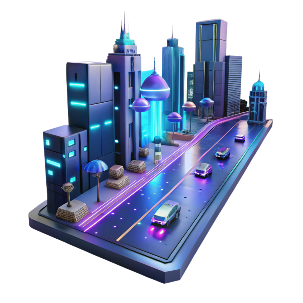 rare futuristic Cyberpunk city street with holographic advertisements and flying vehicles, neon lights reflecting on wet pavement, futuristic style perfect clarity png