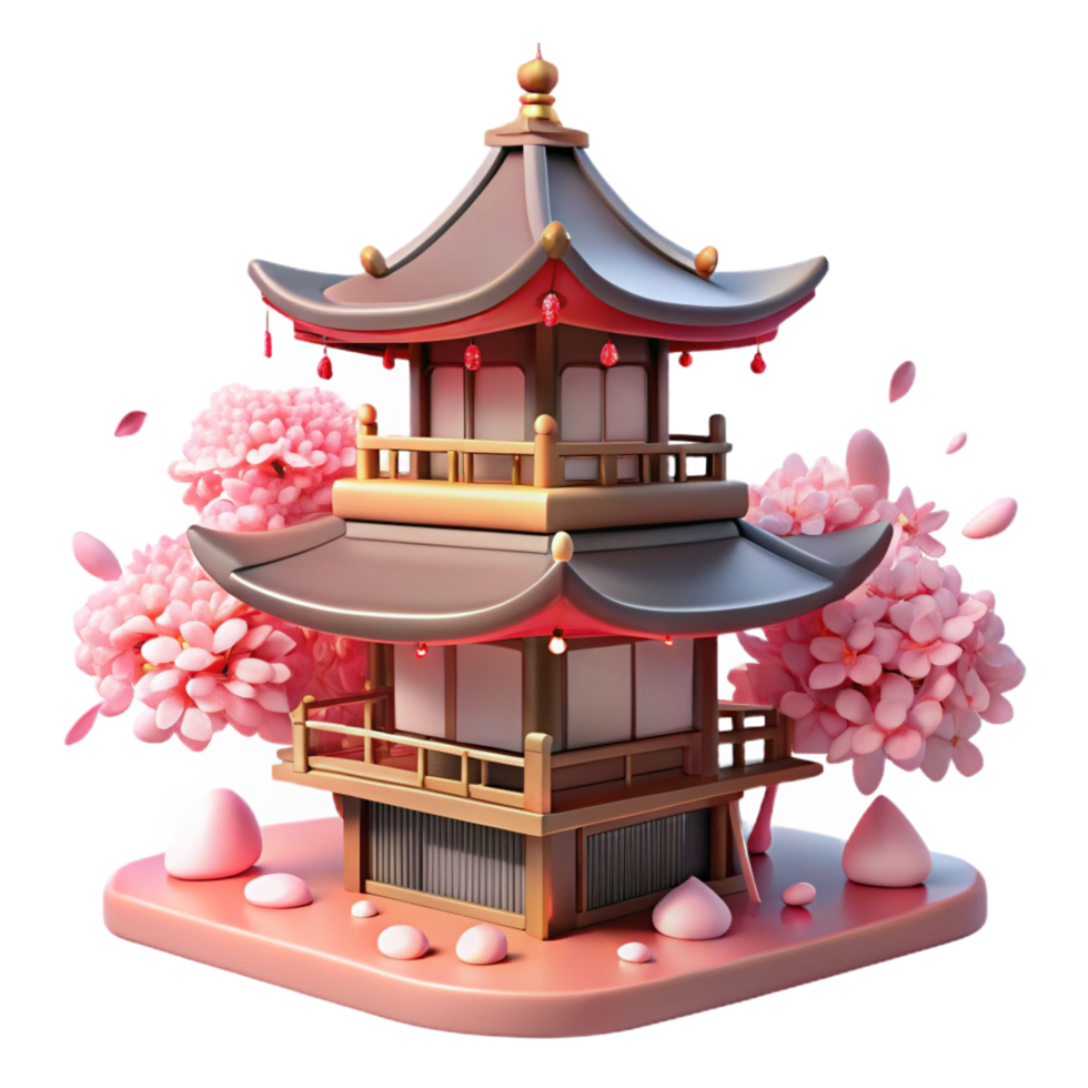 melancholic enchanting A Japanese pagoda surrounded by cherry blossoms in full bloom, soft pink light, serene atmosphere, studio quality png