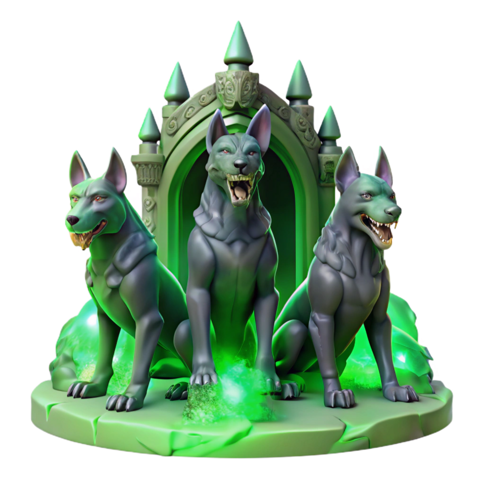 intense stunning Cerberus, the three headed hound of Hades, guarding the gates of the underworld, bathed in an eerie green glow, digital painting style top tier png