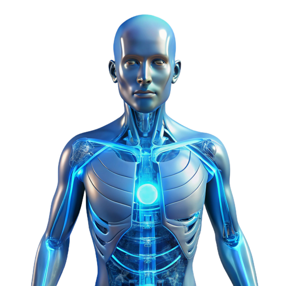 elegant iconic A transparent human figure, its internal organs replaced with glowing circuitry, illuminated by a cool, blue light, cyberpunk style png
