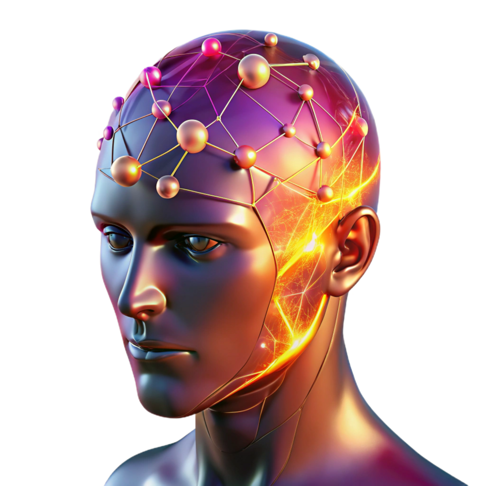 dazzling ethereal urban A transparent human head with visible neural networks firing, vibrant colors, dark lighting, scientific style museum quality png
