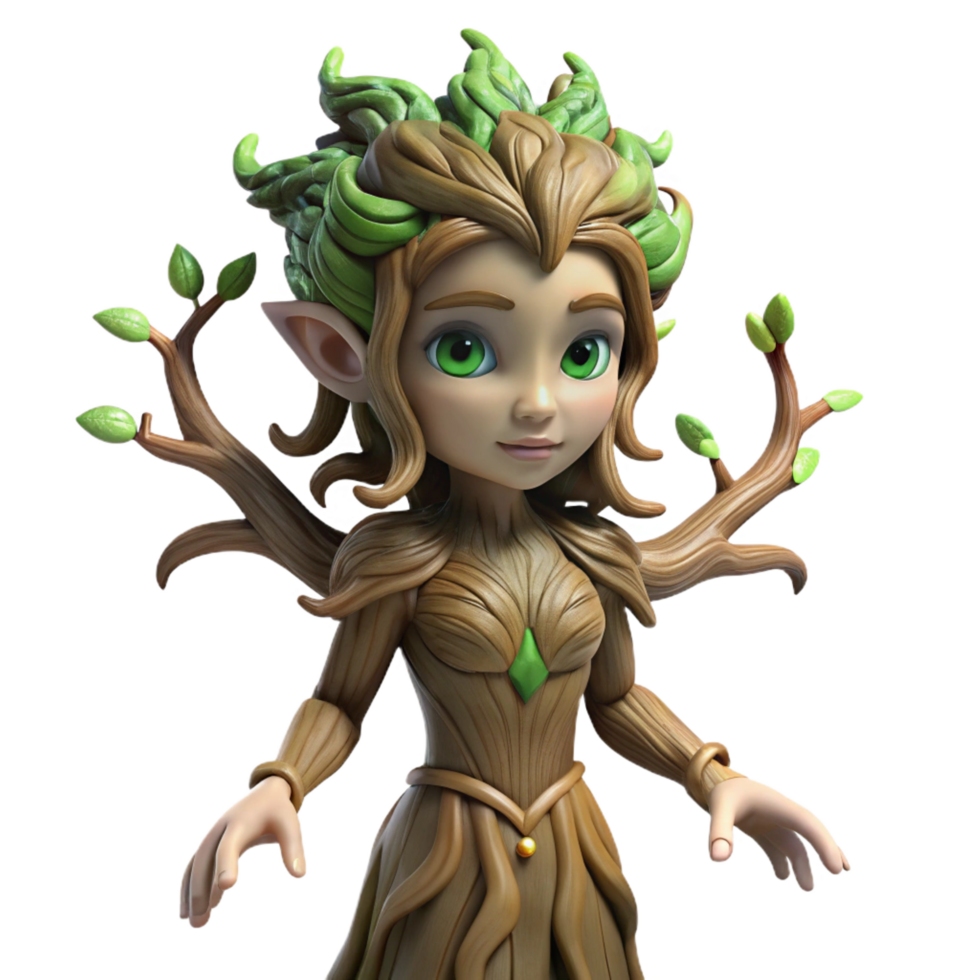 enchanting sought after A lone, willowy dryad emerging from a gnarled oak, dappled sunlight filtering through the leaves, intricate details on her bark like skin, art nouveau style png