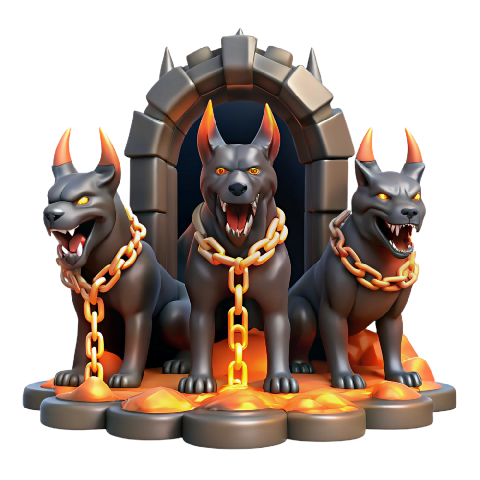 picturesque art deco A three headed Cerberus guarding the gates of the underworld, chains rattling, hellfire lighting, dramatic realism studio quality png