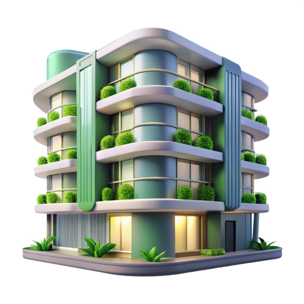 exceptional urban A futuristic apartment building with vertical gardens, sleek lines, sustainable design, soft green light luxury png