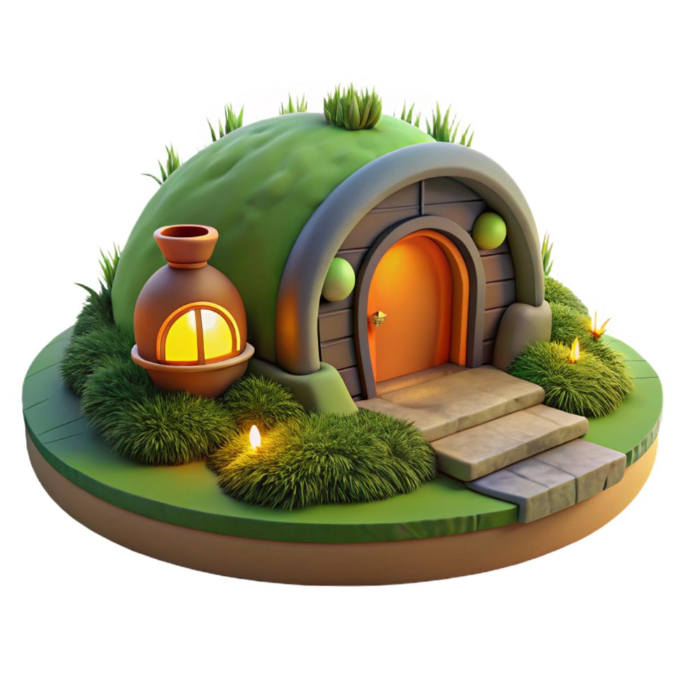extraordinary quintessential A hobbit hole nestled in a hillside, lush green grass, warm firelight, cozy atmosphere, png