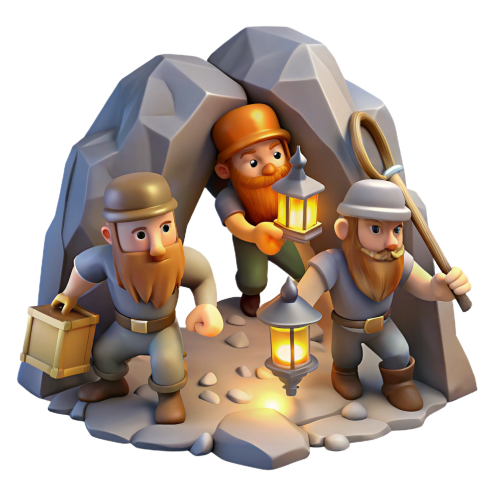 elegant timeless A group of dwarves mining for gems in a mountain cave, flickering lantern light, detailed and gritty style png