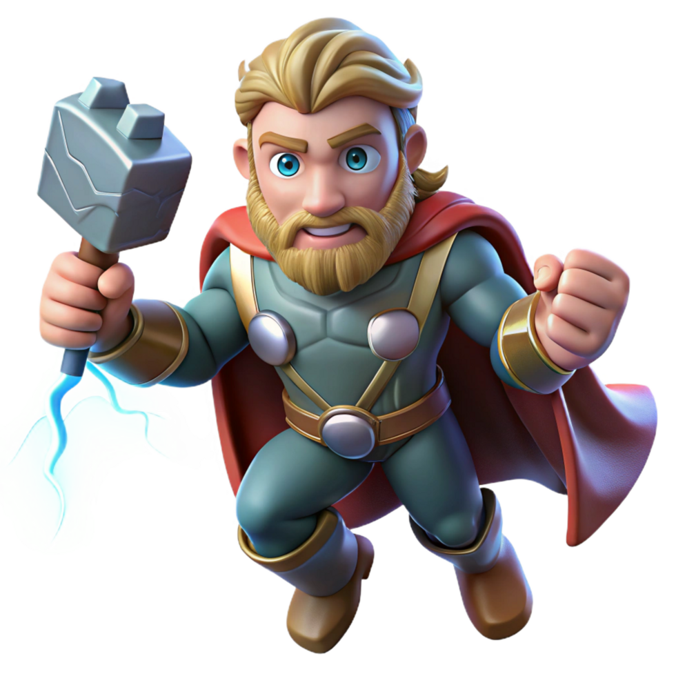 exceptional bohemian Thor, the Norse god of thunder, wielding Mjolnir, lightning crackling around him, against a backdrop of a stormy sky. Comic book style sharp png