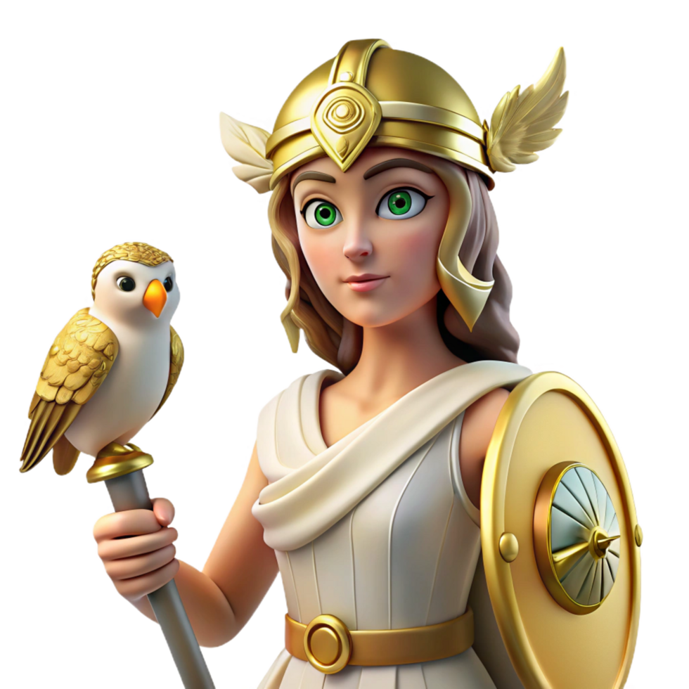 dazzling mysterious coastal A wise Athena, the Greek goddess of wisdom and warfare, wearing a golden helmet and holding an owl, bathed in bright, clear light. Classical style expertly shot png