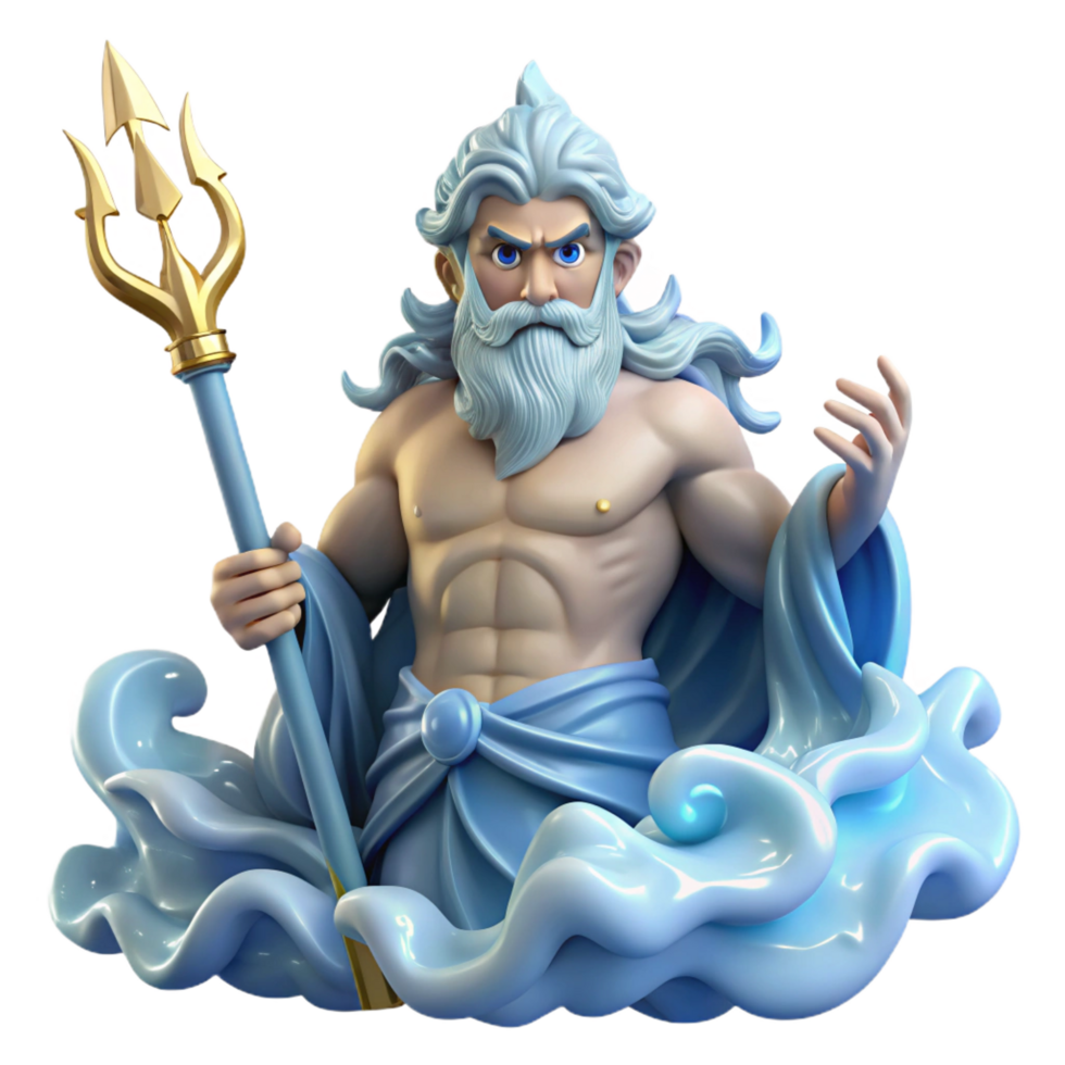 enchanting impressionist Poseidon, God of the Sea, commanding a storm, lightning illuminating his trident, romanticism style detailed png