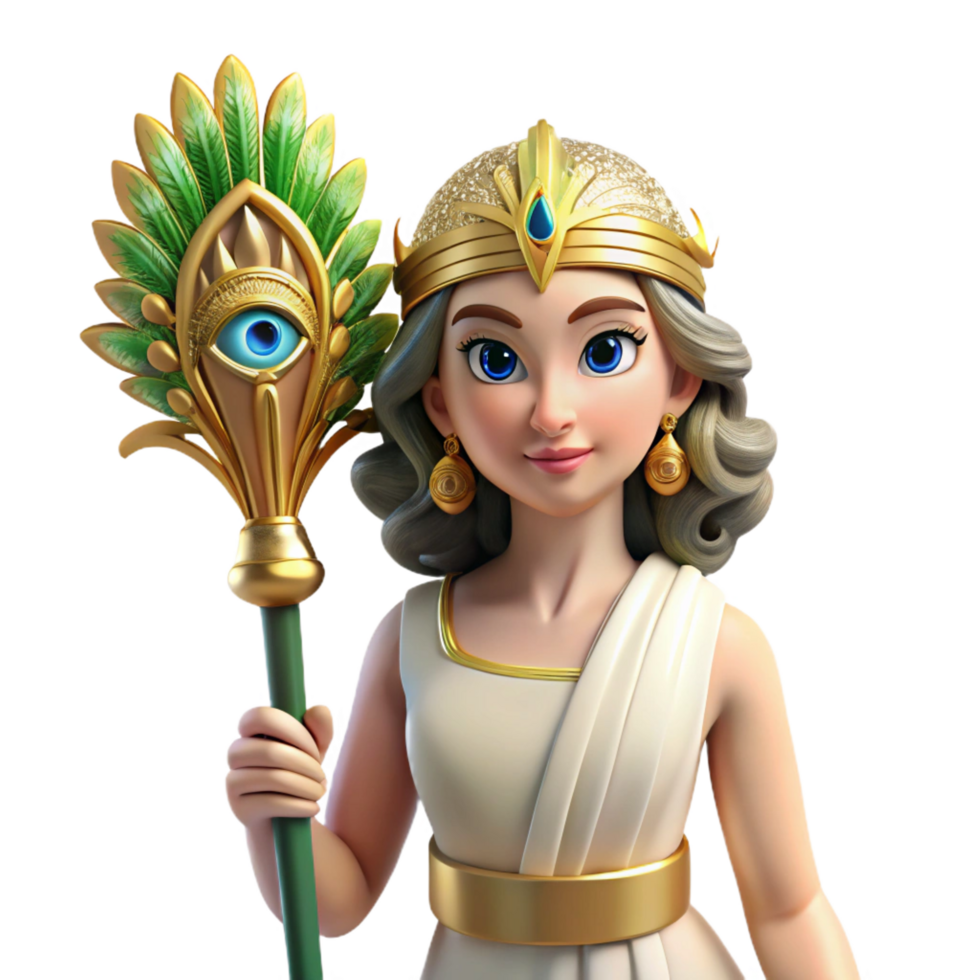 timeless surreal Hera, the queen of the Olympian gods, adorned with a peacock feather headdress, holding a royal scepter, bathed in soft, golden light. Neoclassical style top tier png