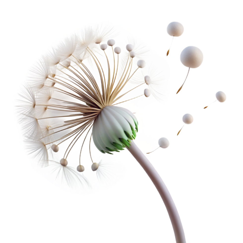 dynamic picturesque A single, delicate dandelion seedhead with seeds blowing in the wind, ethereal lighting, dreamlike style museum quality png