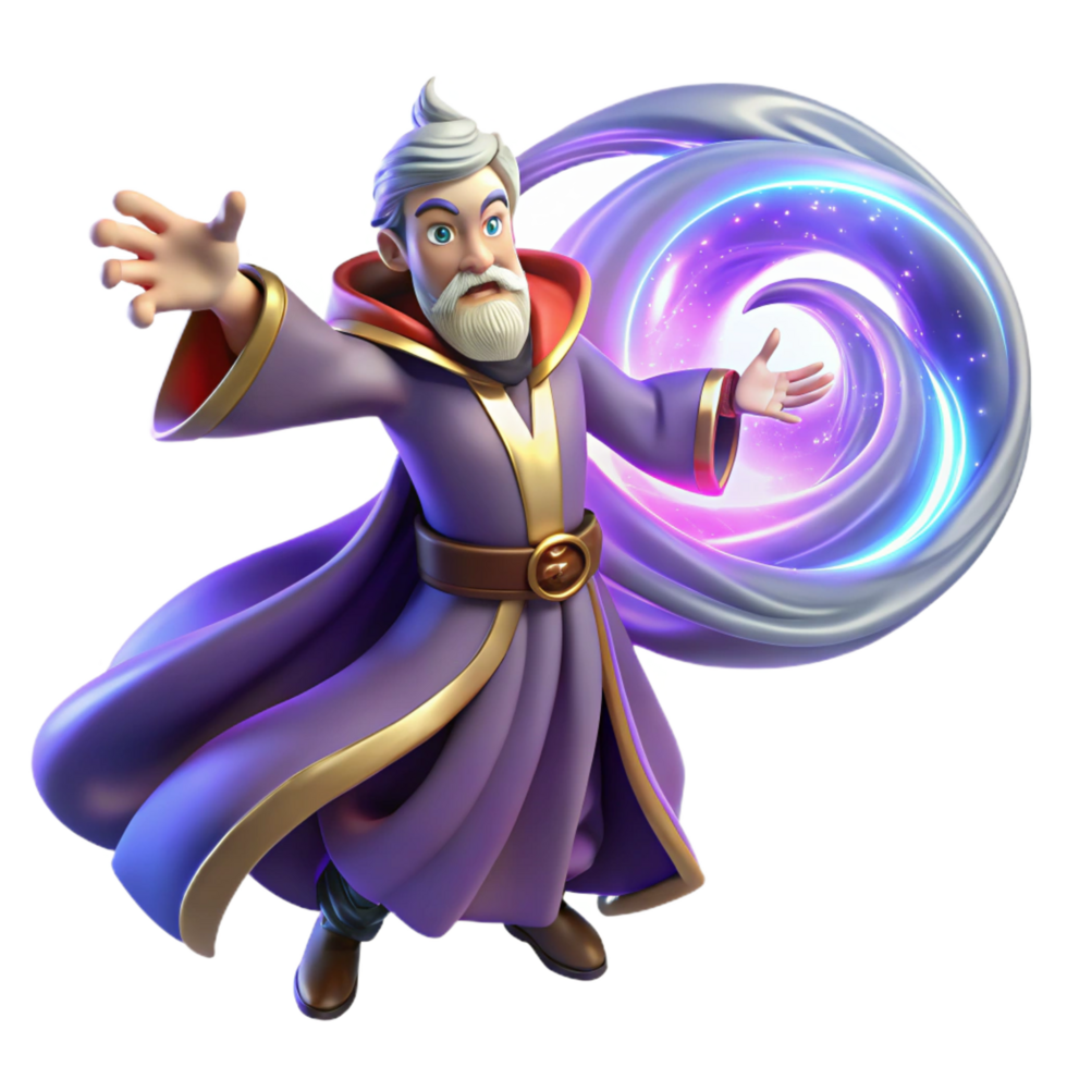 unforgettable modern A powerful wizard conjuring a swirling vortex of arcane energy, his robes billowing in the wind. Dynamic, vibrant colors, art deco style museum quality png