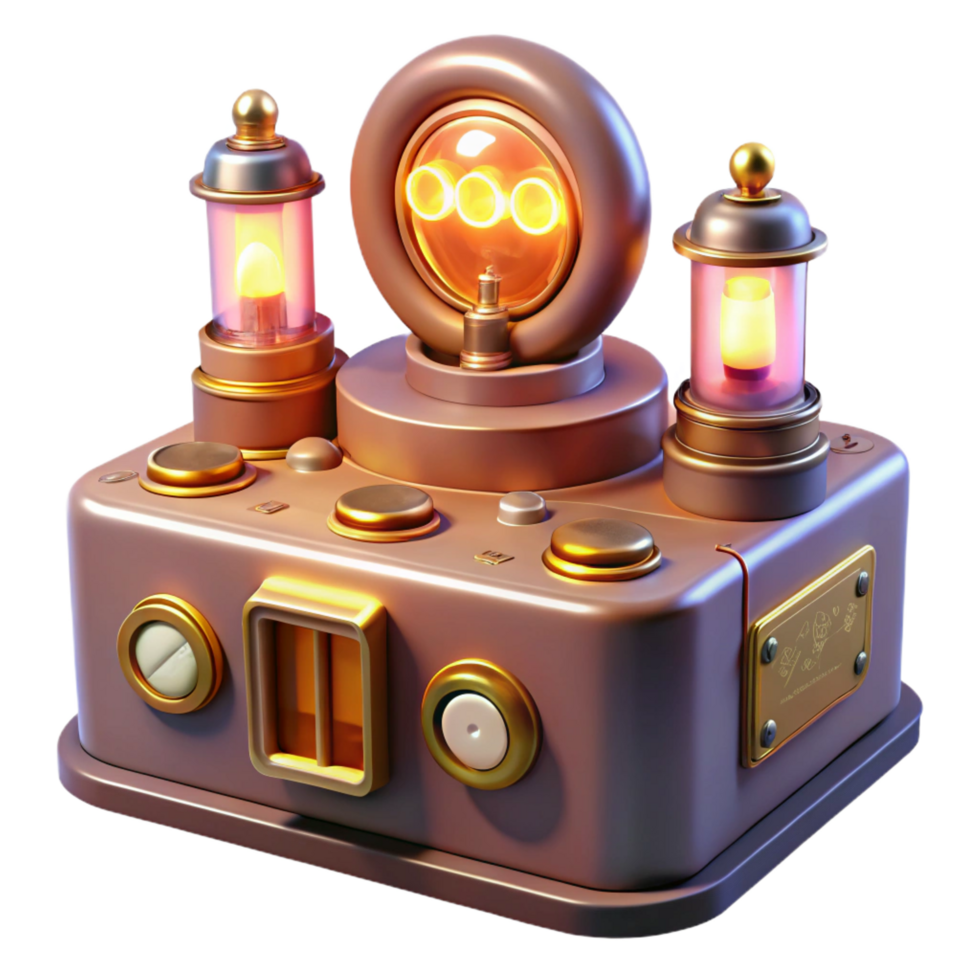 majestic avant garde A vintage computer console with glowing vacuum tubes and dials, bathed in warm, retro lighting, in a nostalgic, steampunk style professional png
