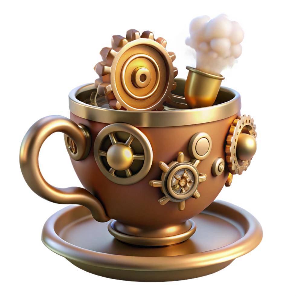 distinctive bohemian A steampunk teacup, intricate gears and levers, steam rising from the surface, warm, inviting lighting, still life style authentic png