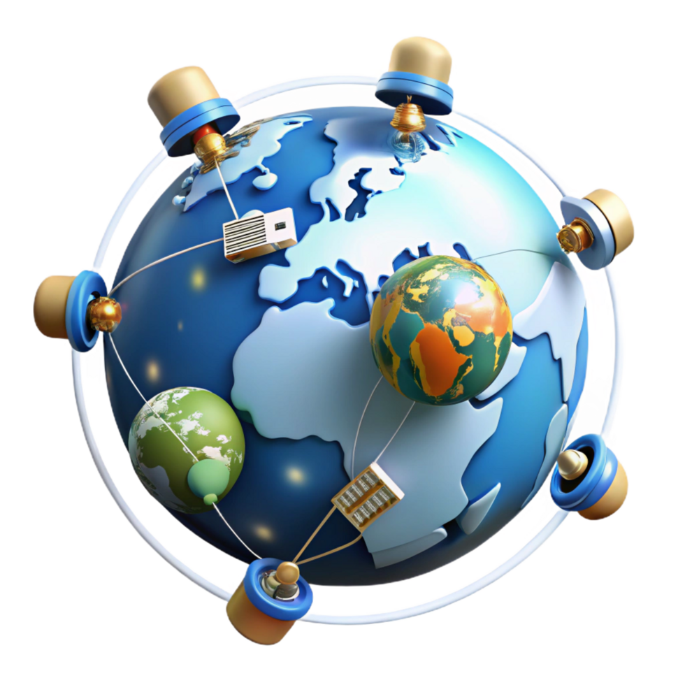 radiant urban A network of interconnected satellites orbiting Earth, communication lines visible between them, infographic style 4K png