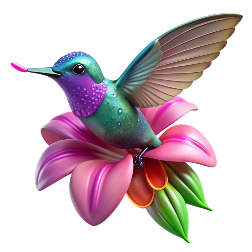 notable creative A tiny hummingbird hovering near a vibrant fuchsia flower, dew drops glistening on its iridescent feathers, macro photography style museum quality png