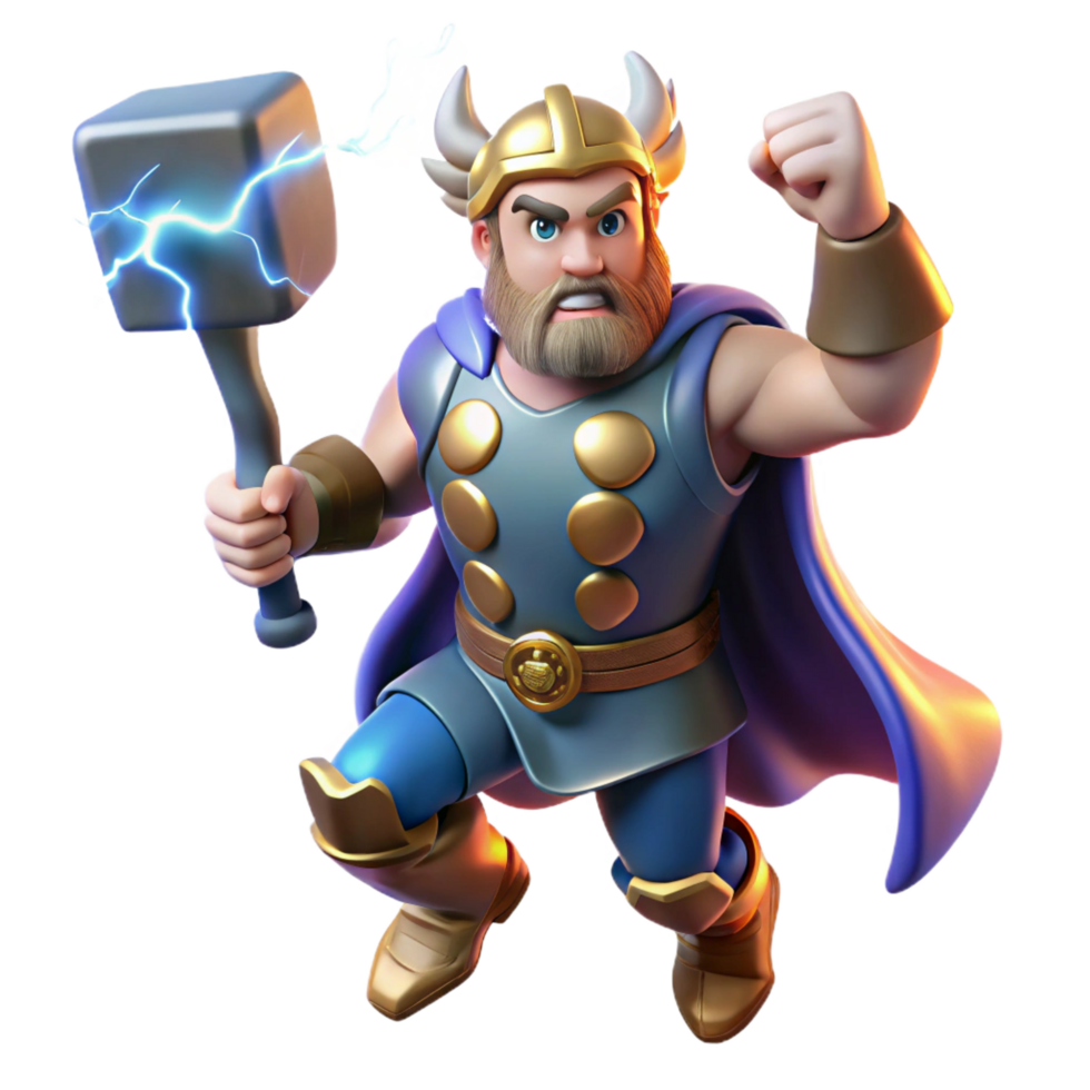 magnificent dynamic vintage A powerful Norse Thor, wielding Mjolnir, summoning lightning, amidst a raging thunderstorm, in a comic book style flawless png