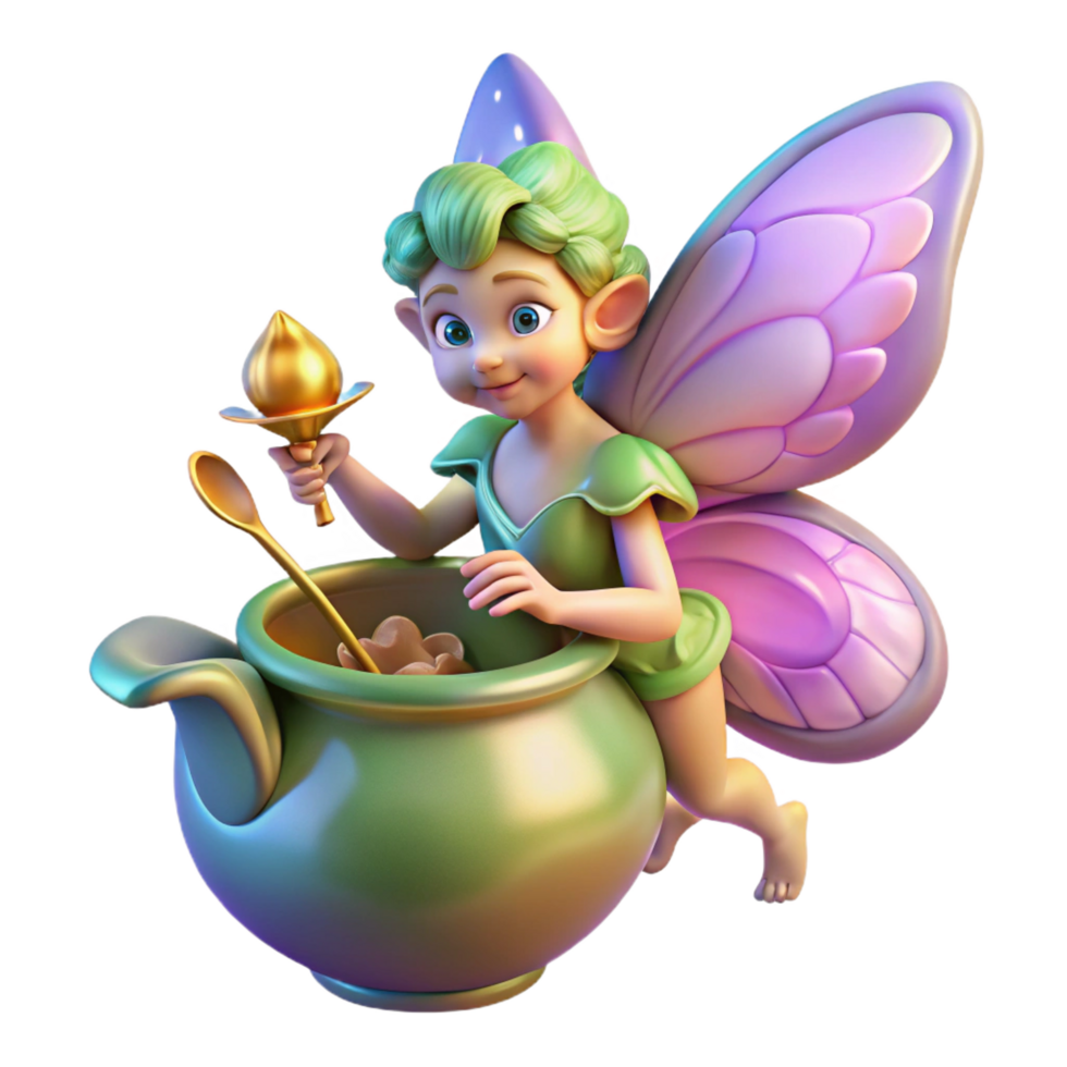immaculate vintage A mischievous pixie with butterfly wings crafting a potion in a giant iridescent seashell, warm, magical lighting, whimsical illustration style exclusive png
