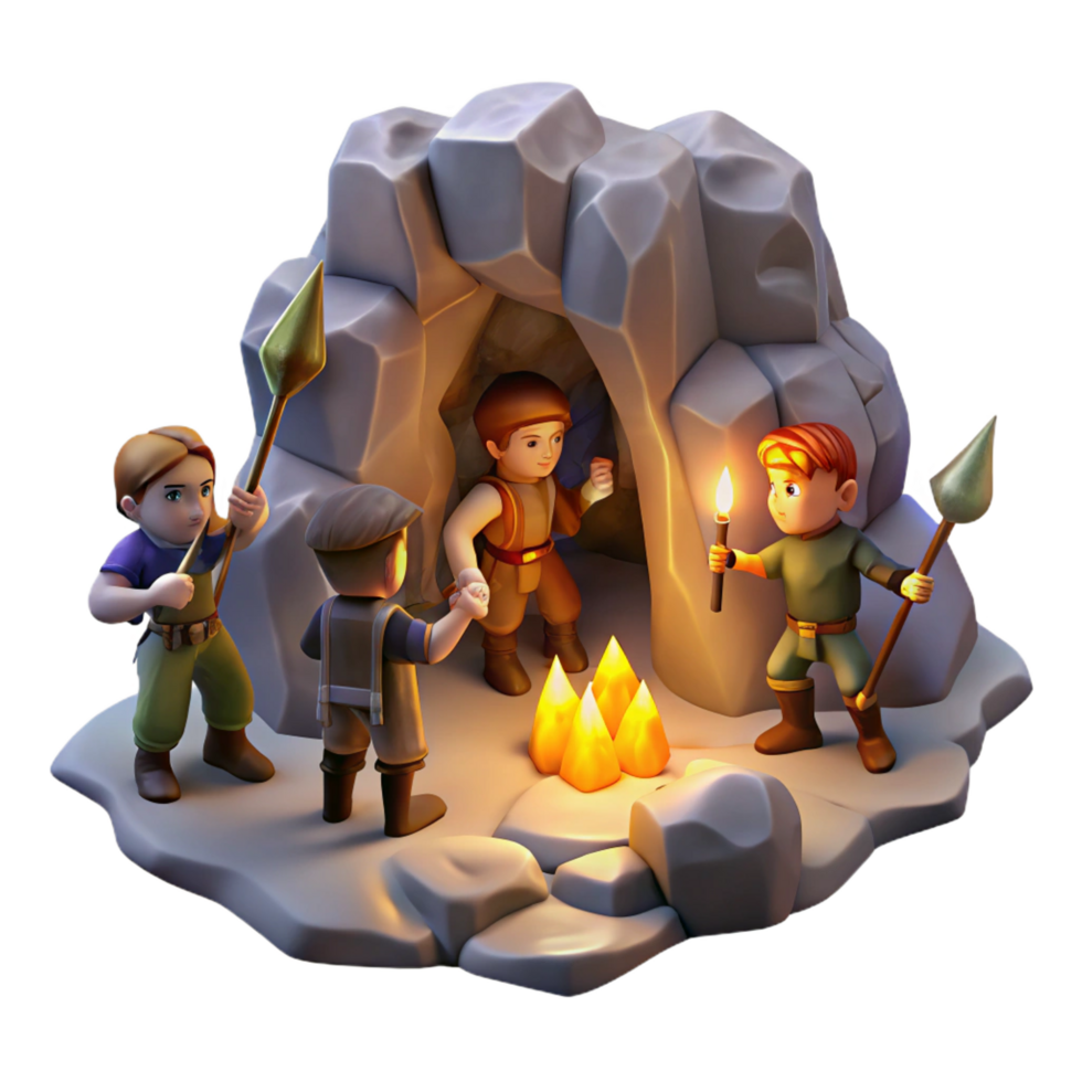 tranquil vibrant A group of adventurers exploring a hidden cave, torchlight, mysterious and adventurous, digital painting 4K png
