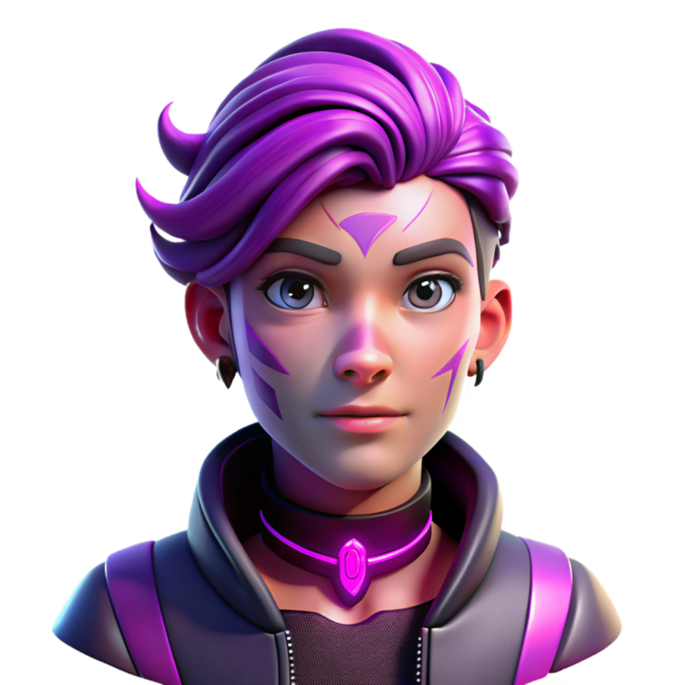 vibrant artistic Portrait of a non binary person with vibrant purple hair and intricate facial tattoos, lit by a neon pink glow, in a cyberpunk style detailed png